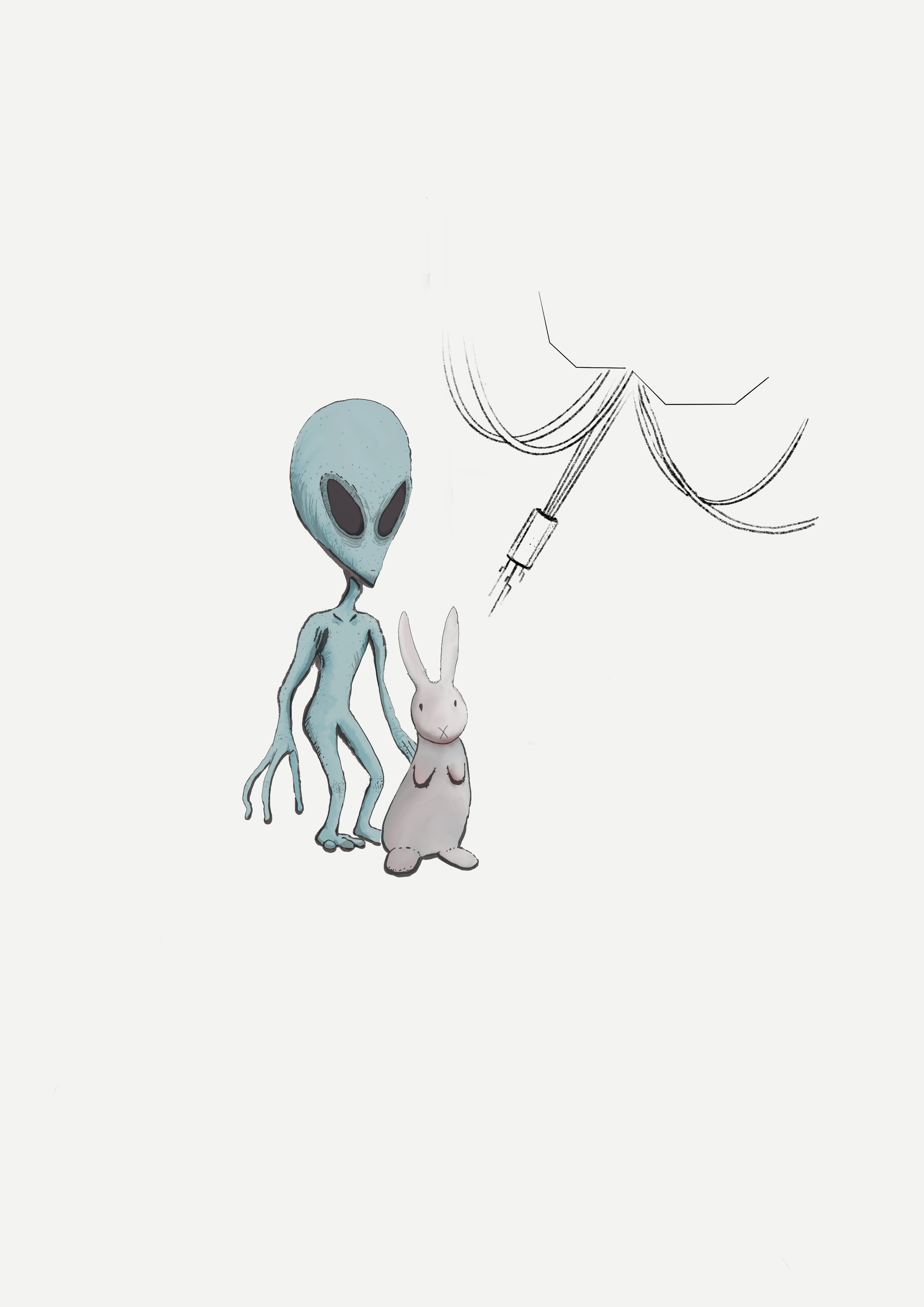 An illustration of a lagomorph of slight gray coloring and a gray extraterrestial gazing quizzically at the viewer.